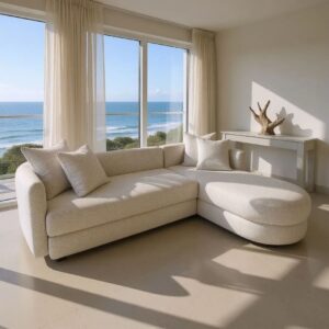 Coastal Curved Bouclé L-Shape Sofa - 3 Seater Chaise Couch - Beige